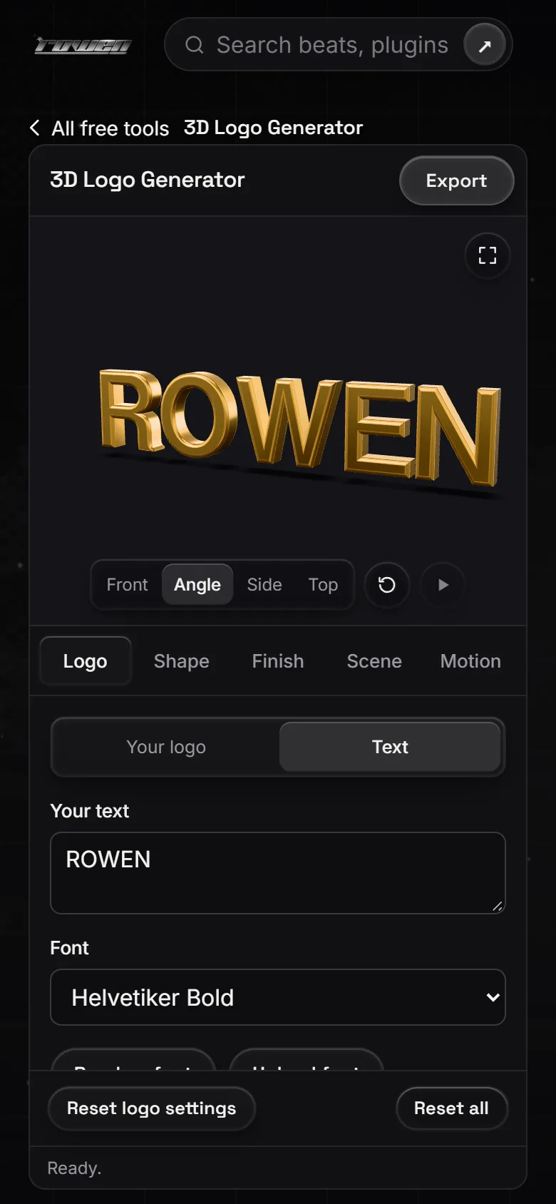 The 3D Logo Generator on a phone, with the 3D preview above the settings.