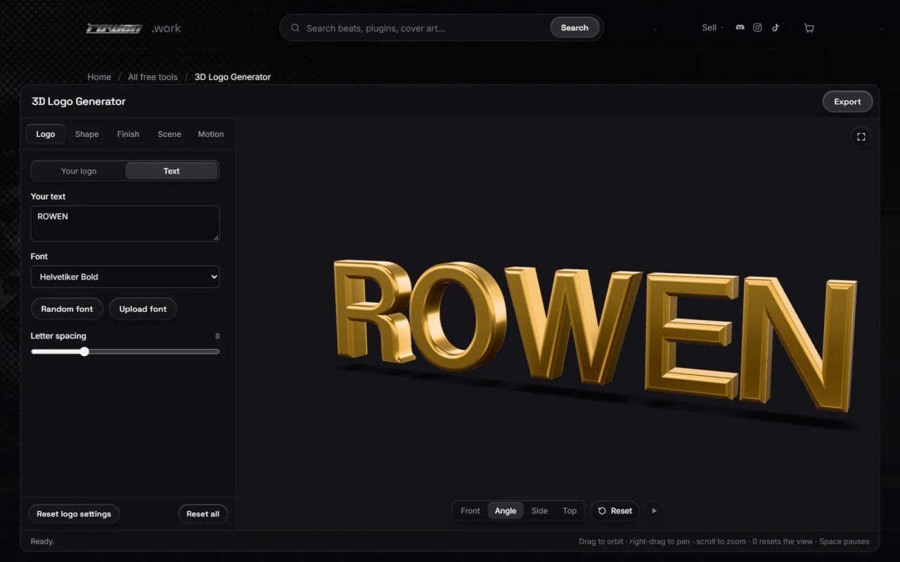 The 3D Logo Generator with the word ROWEN built as bevelled 3D text in a gold finish, the settings sidebar on the left.