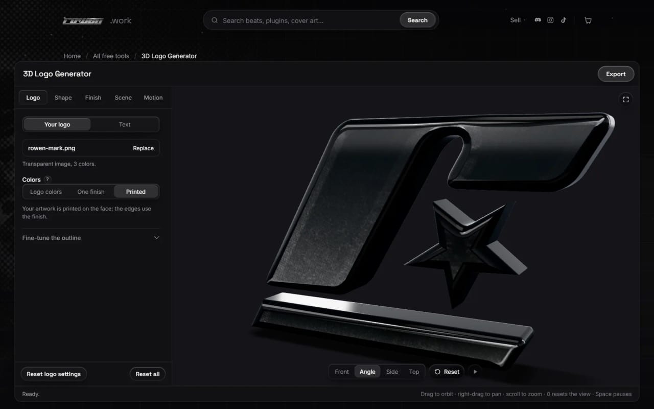 Rowen’s chrome “r” mark traced into a 3D model in Printed mode: the original artwork on the face, chrome on the bevelled edges.