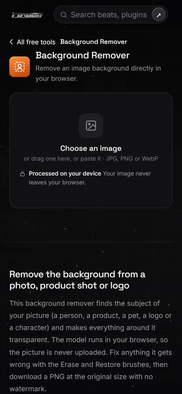 Background Remover on a phone before a picture is chosen, with the “Processed on your device” line.