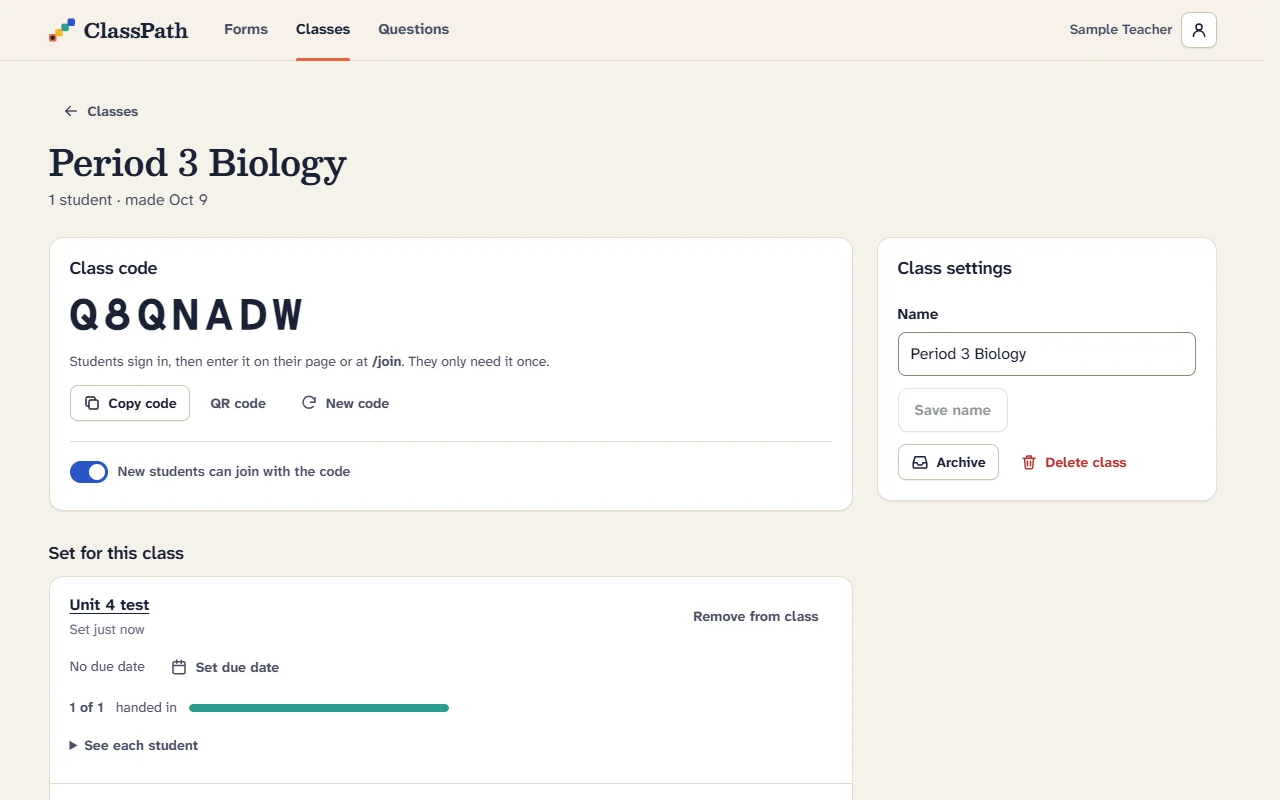 A class page with its join code, roster and assigned forms.