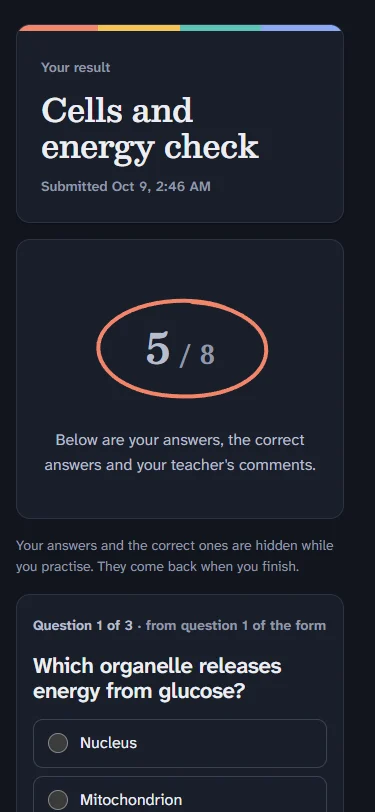 A student’s released result in dark mode, with questions to practise.