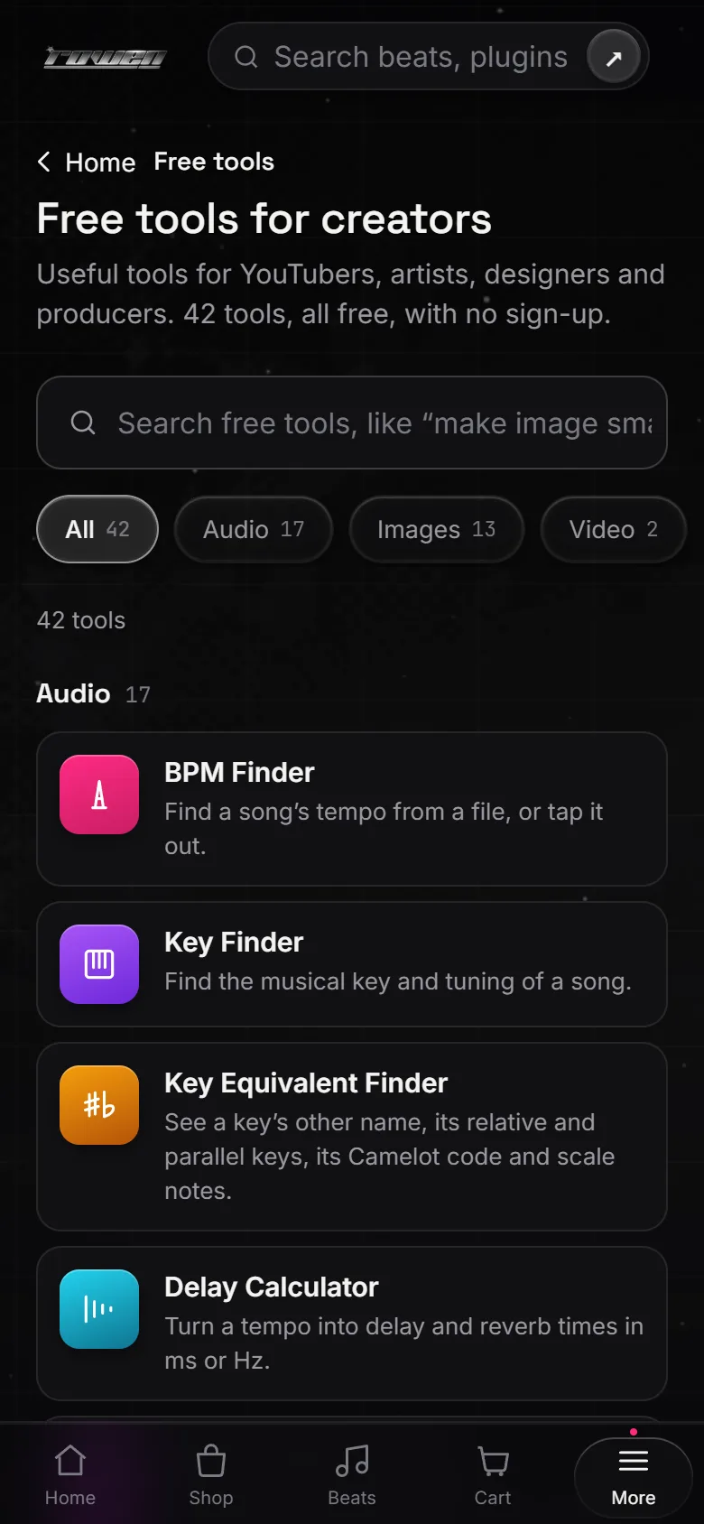 The free tools catalog on a phone.