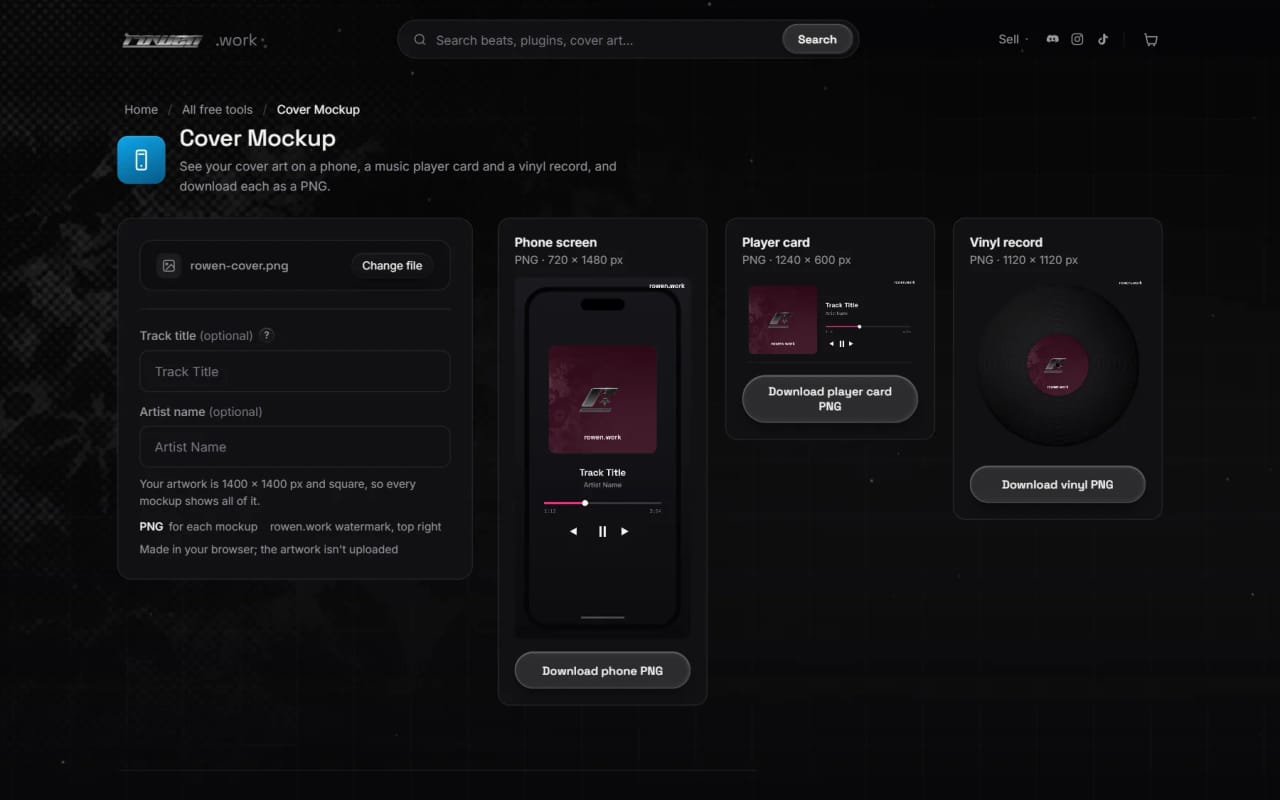 Cover Mockup showing a rowen.work square on a phone screen, a player card and a vinyl record.