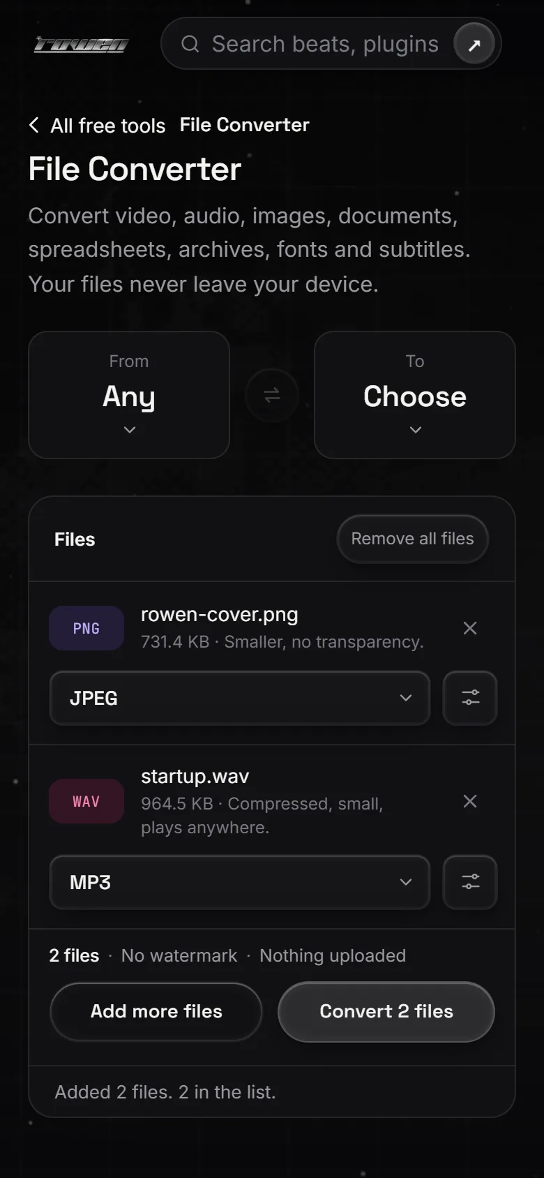 File Converter on a phone with two files queued.