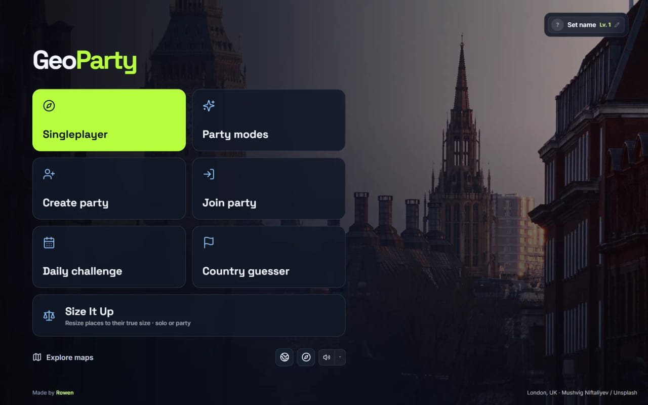 The GeoParty start screen with its own dark theme.