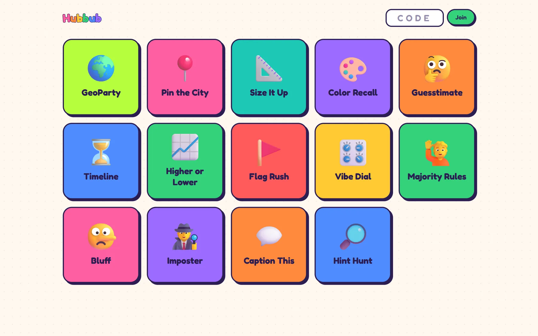 The Hubbub homepage: a room-code box and a grid of party games with GeoParty first.