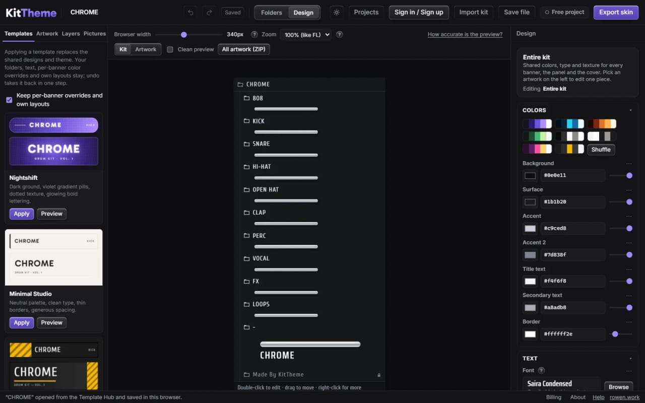 The KitTheme editor in Design mode with the Chrome Bar template: layers, an inspector and a preview of the kit in FL Studio’s Browser.