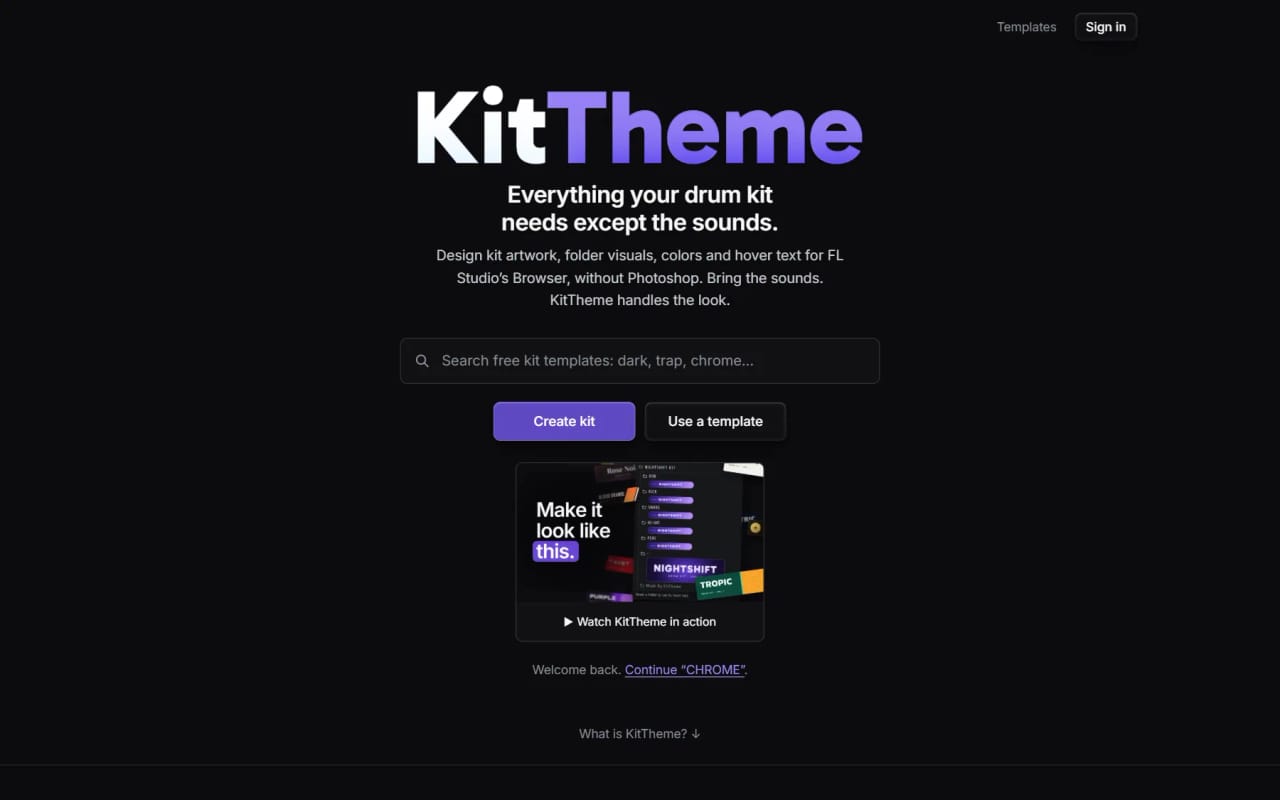 The KitTheme homepage: the claim “Everything your drum kit needs except the sounds.” beside a live preview.