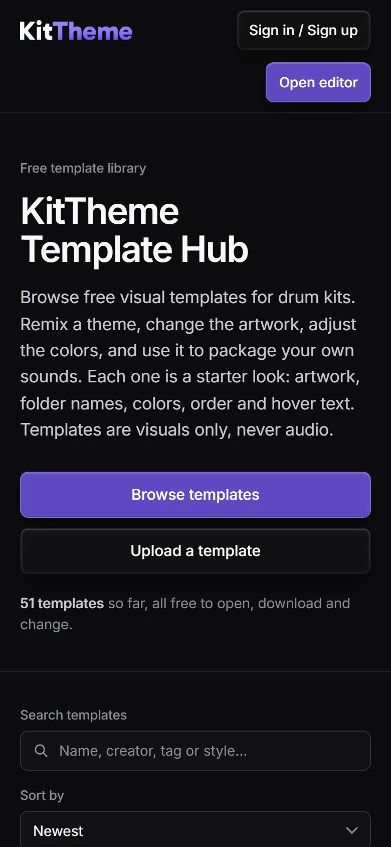 The Template Hub on a phone: a search box and a grid of kit-skin templates.
