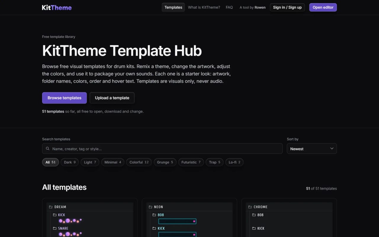 The Template Hub on desktop: filters and a grid of official kit-skin templates.