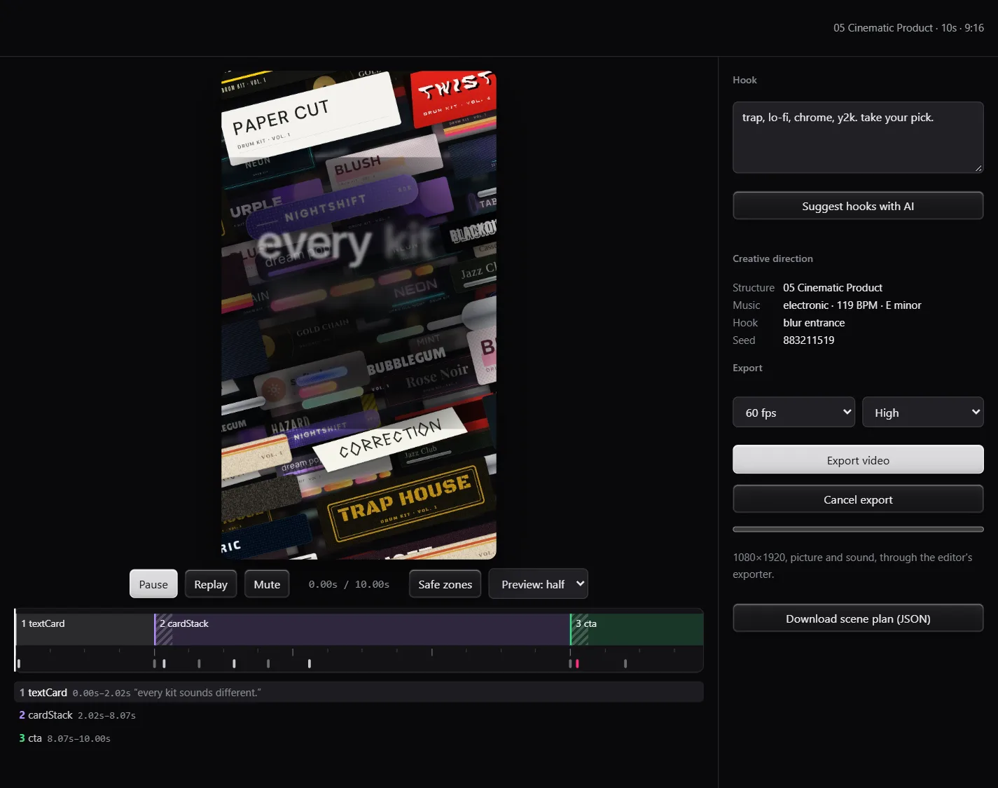 Motion’s ad generator: a product, an ad type, length and format, with a preview of the scene plan.