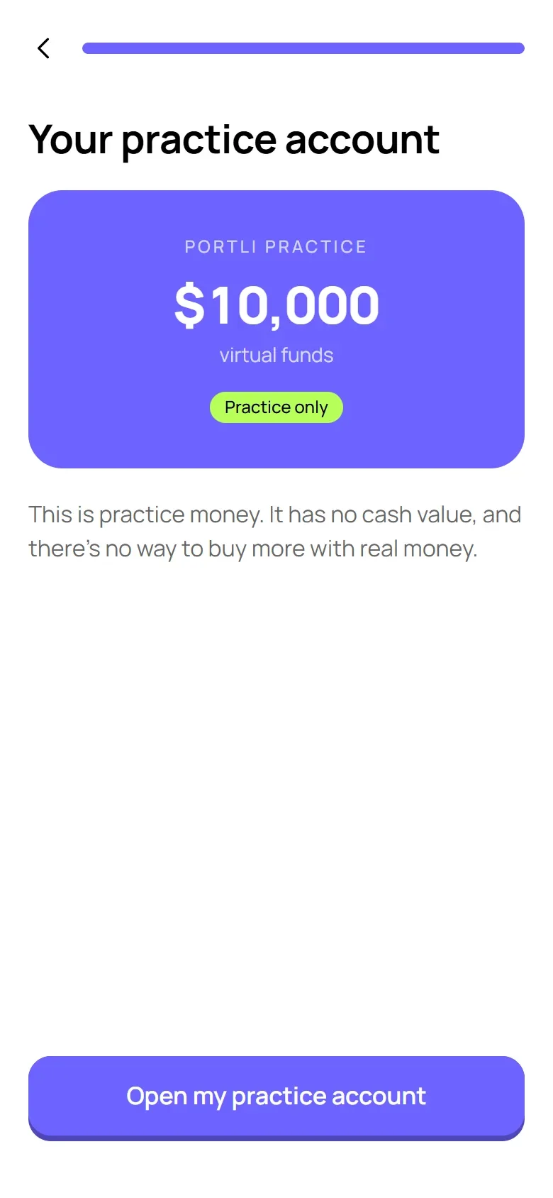 The practice account card: $10,000 in virtual funds, marked Practice only.