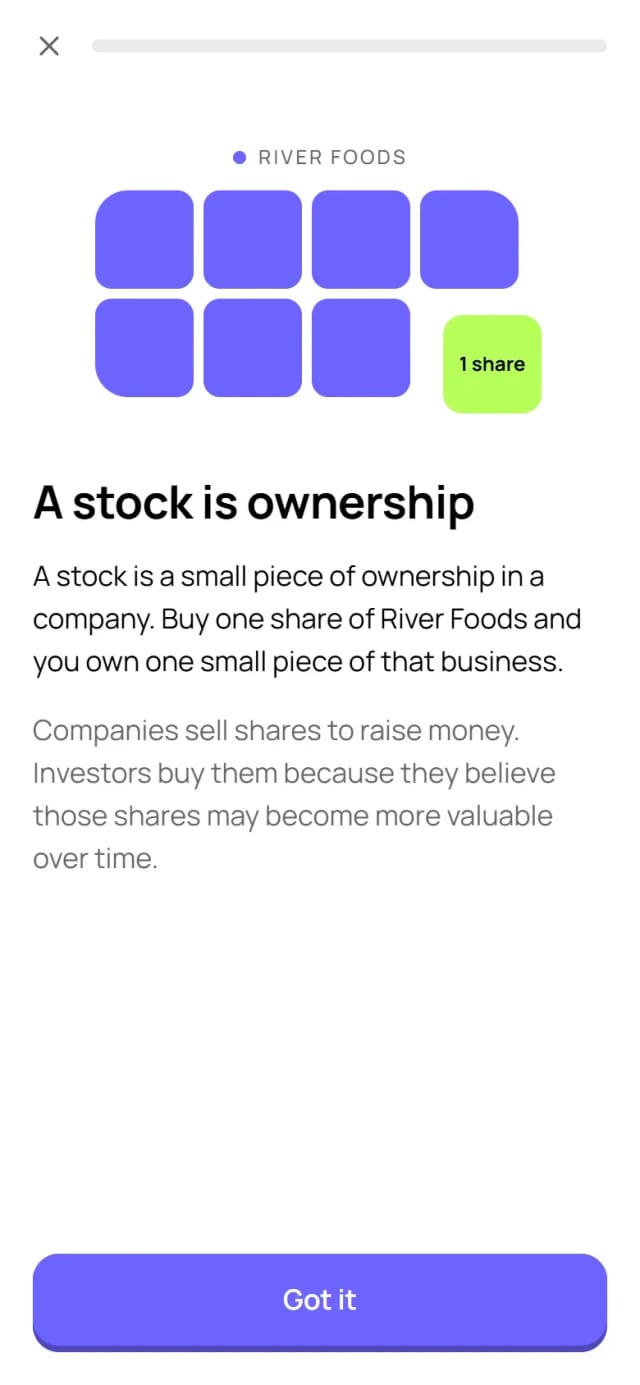 The first lesson, “A stock is ownership”, with a diagram of one share of a fictional company.