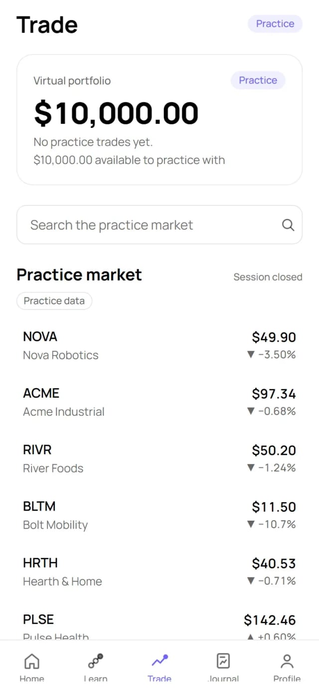 The Trade tab: the practice portfolio and a practice market of fictional companies, labelled Practice data.