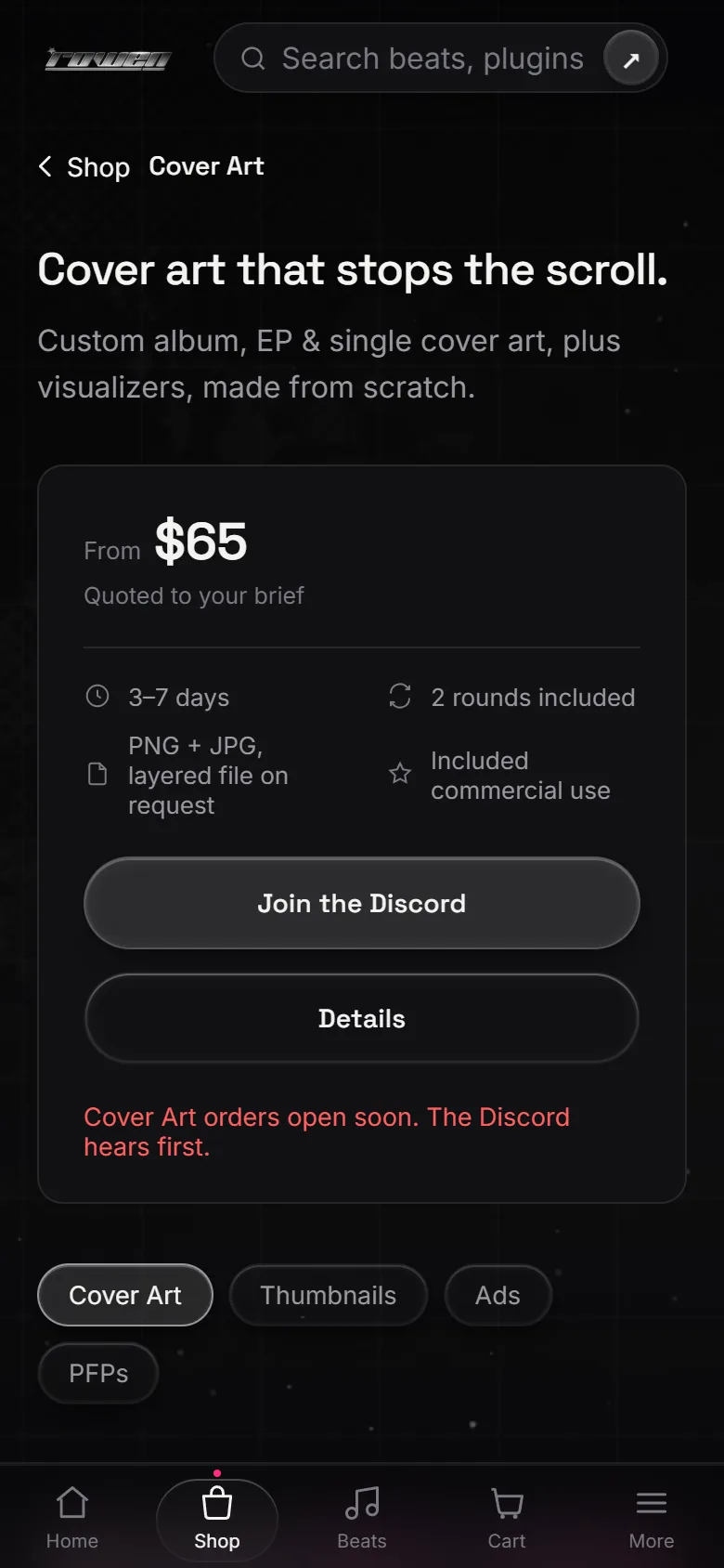 The cover art page on a phone, with watermarked portfolio pieces.