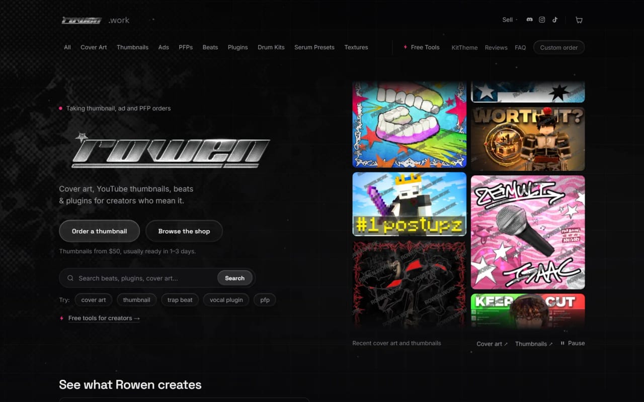The rowen.work homepage: the chrome Rowen wordmark, a search box and recent cover art and thumbnails drifting in two lanes.