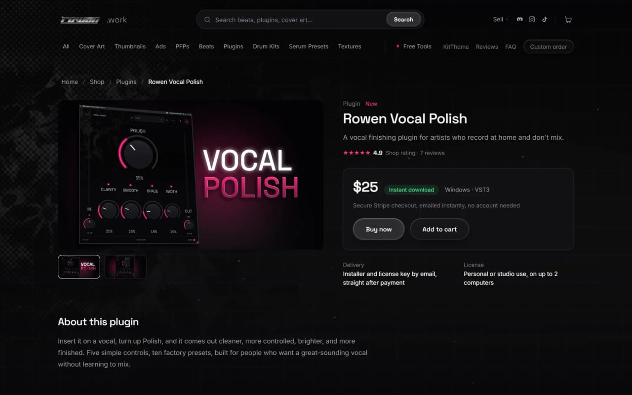 The Rowen Vocal Polish product page with its screenshot gallery and buy box.
