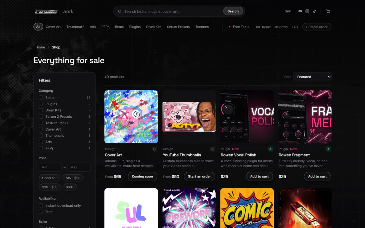 The shop: a filter panel beside a grid of plugins, drum kits, presets and texture packs.