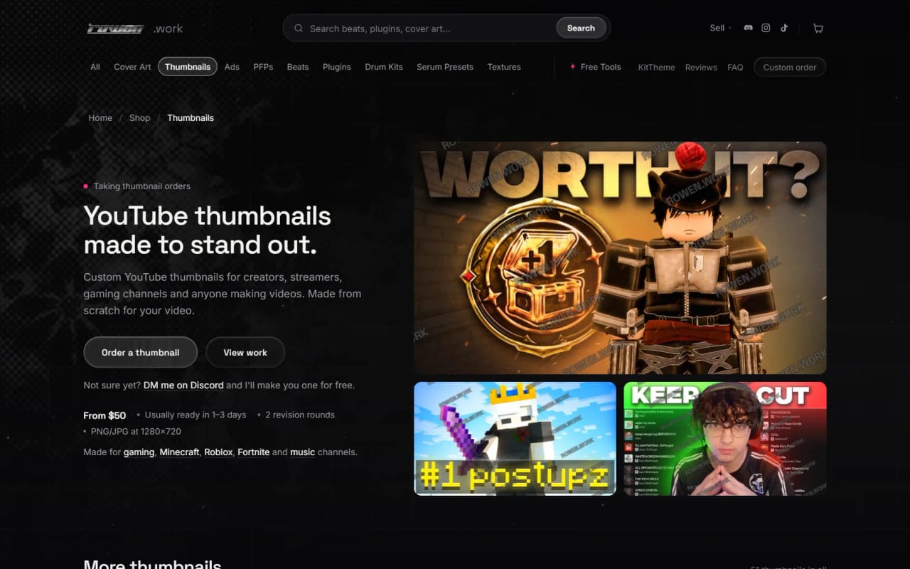 The YouTube thumbnails service page with its status line, price facts and three lead thumbnails.
