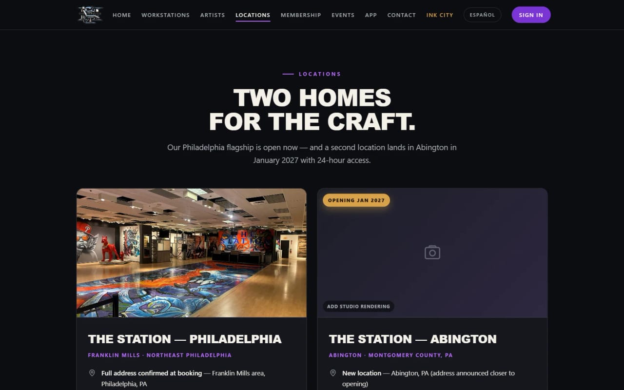 The Station’s Locations page: the Philadelphia studio and the planned Abington location.