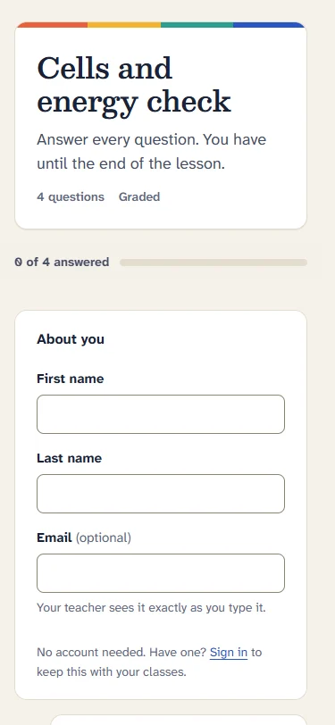 A student answering the quiz on a phone, without an account.