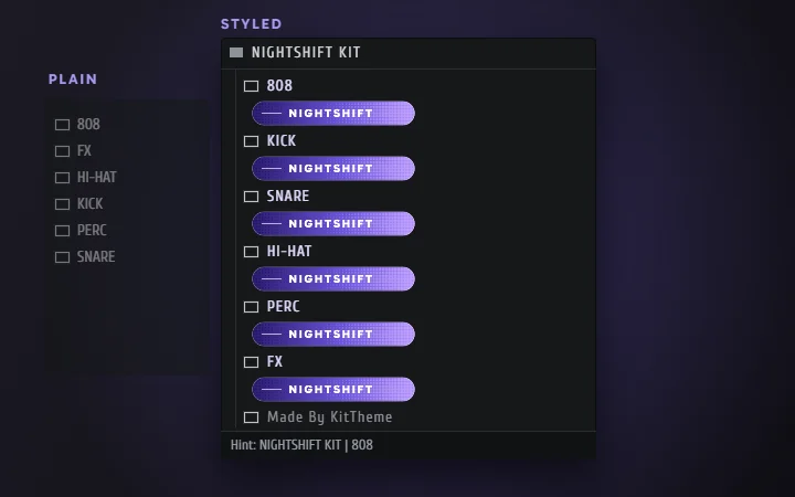 A styled drum kit in KitTheme’s preview of FL Studio’s Browser, next to the same kit with no skin
