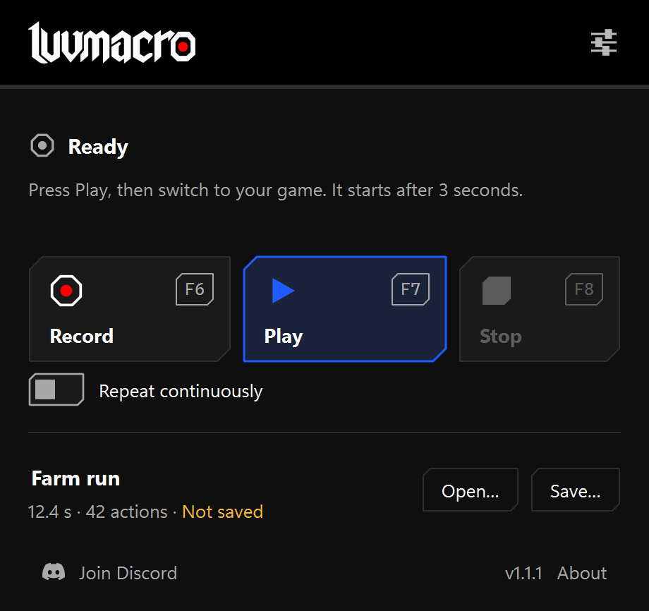 LuvMacro with a sample recording ready to play
