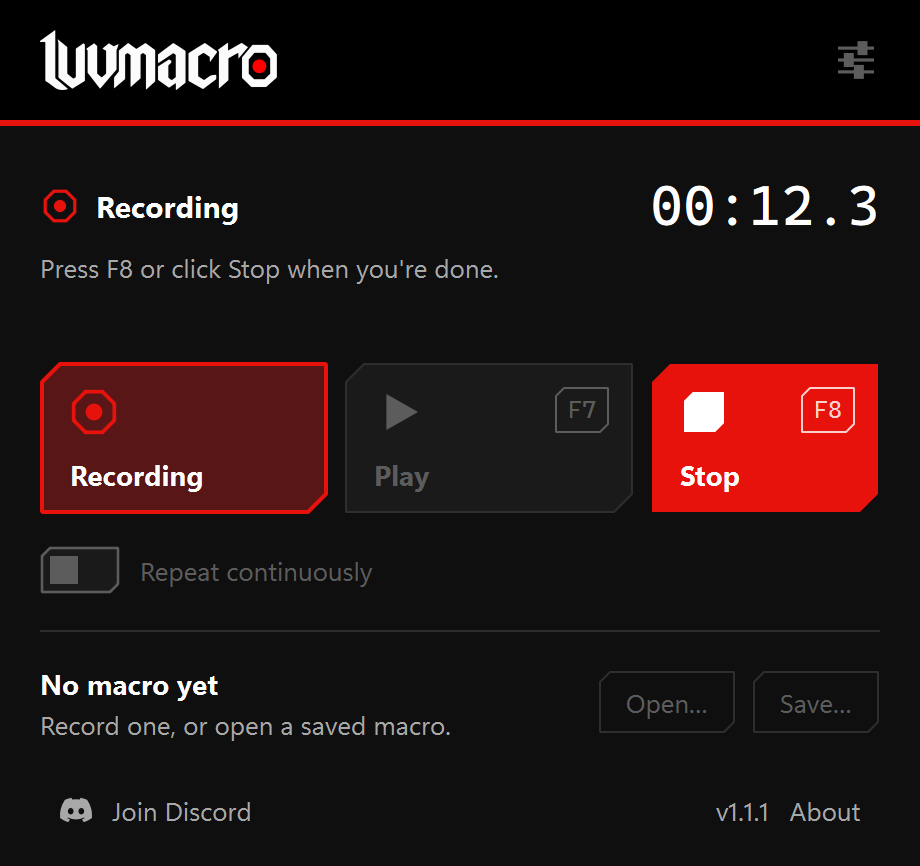 LuvMacro recording, with its red Record control and timer